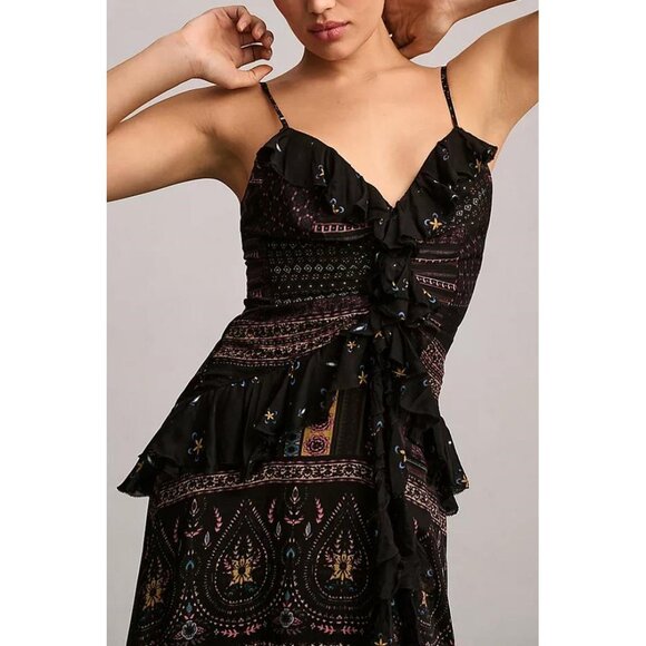 LET ME BE Women's Sheer Printed V-Neck Midi Dress Size L In Black - Picture 2 of 12